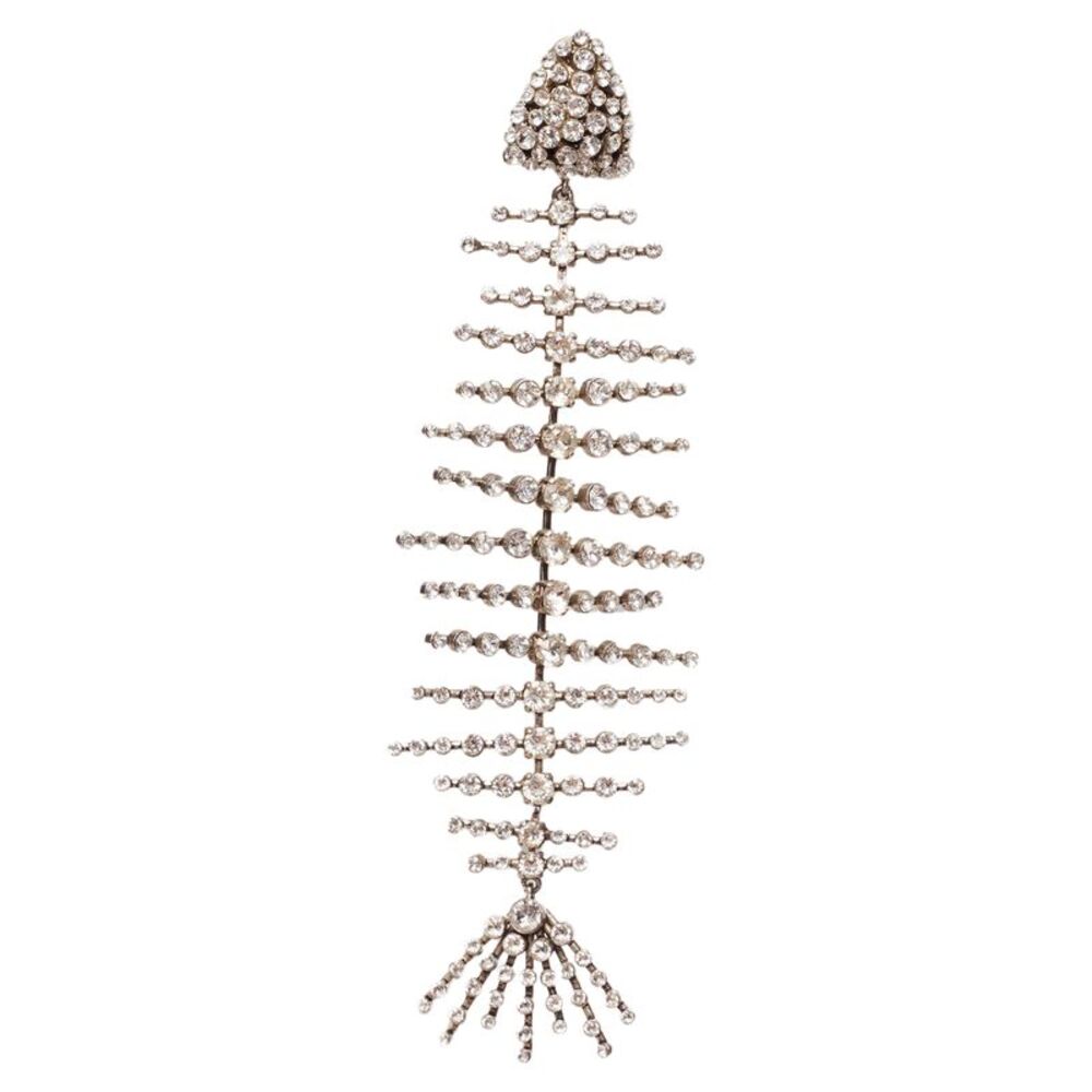 Saint Laurent Crystal Spiral Fish Bone Dangling Clip On Earrings - Picture 4 of 6
